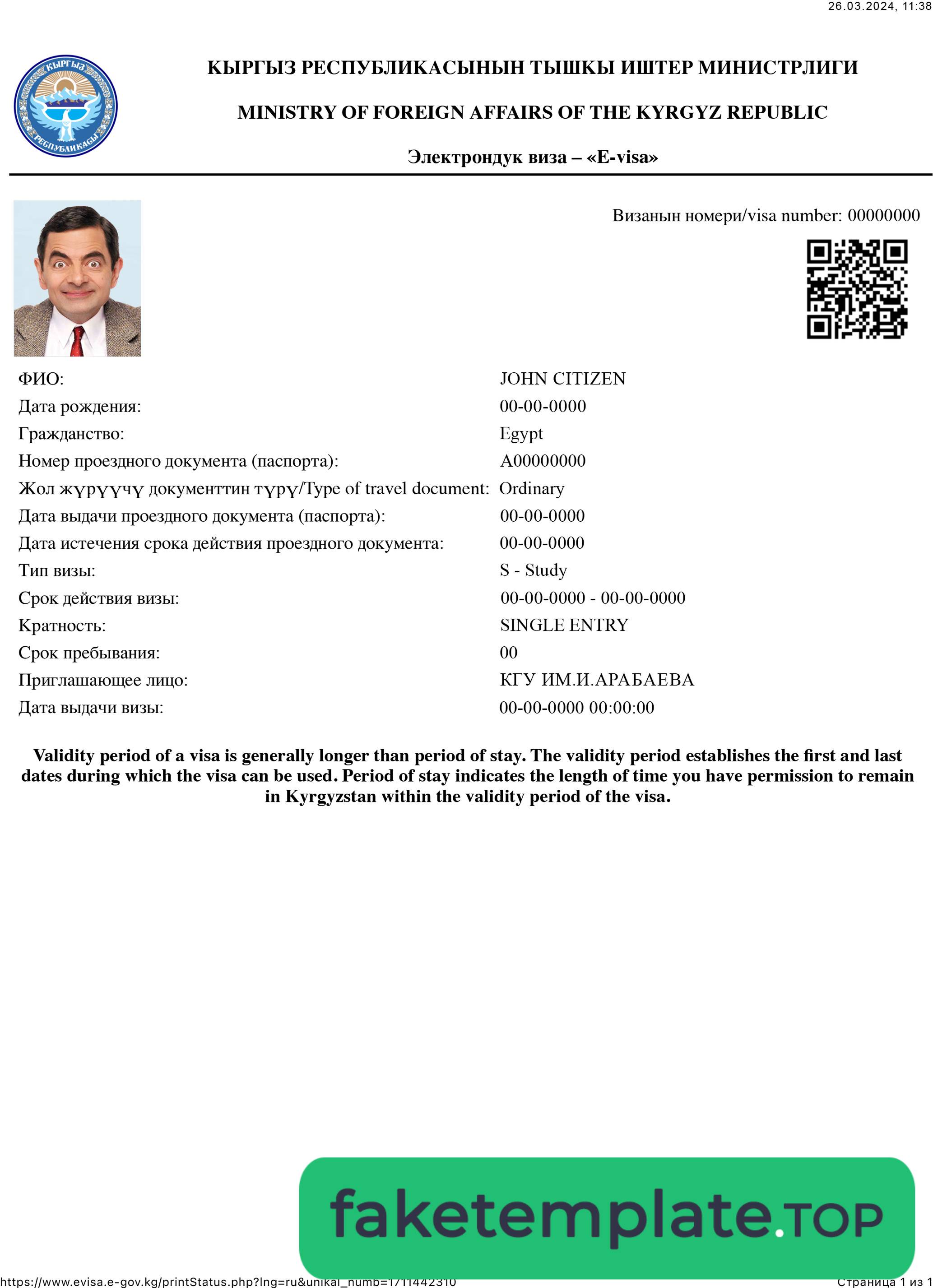 Feature of fake Kyrgyz Republic e-visa example